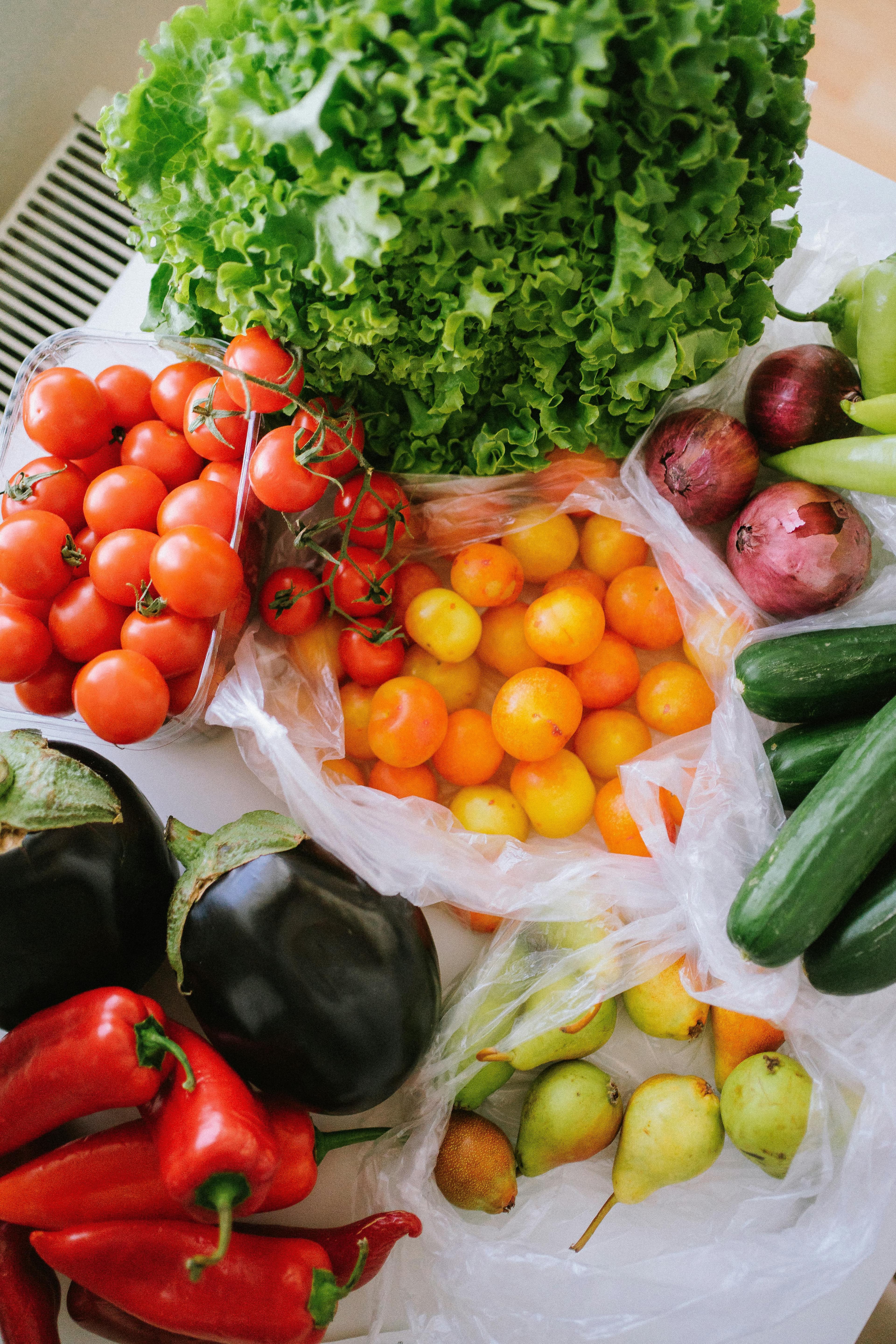 Fresh fruit and vegetables arranged on a table