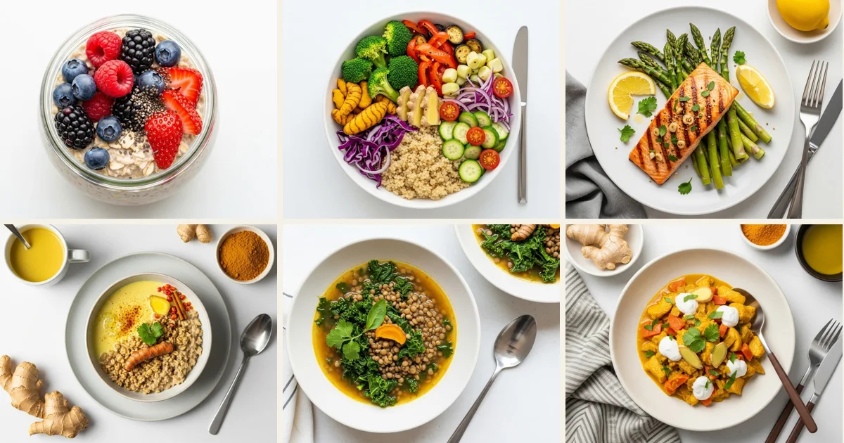 Six meals from the 21-day plan: overnight oats, quinoa Buddha bowl, salmon with vegetables, golden milk oatmeal, lentil kale soup, turmeric chicken curry