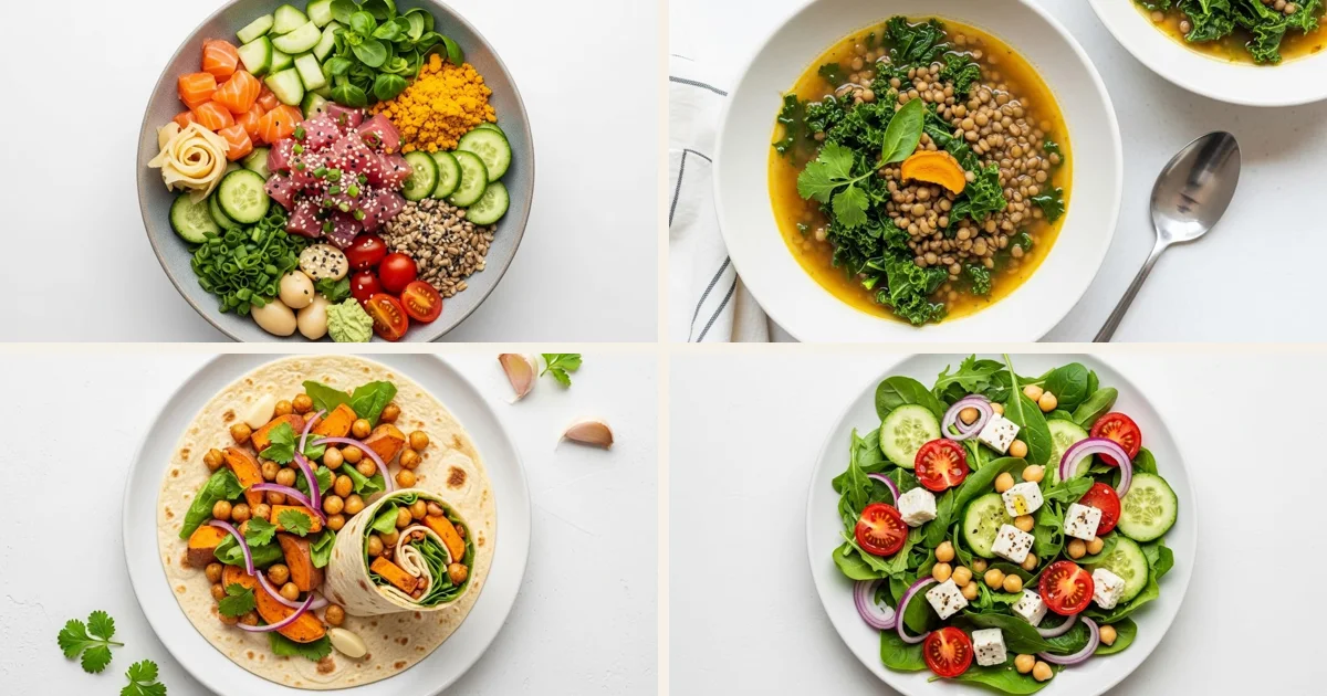 Four anti-inflammatory lunches: tuna poke bowl, lentil and kale soup, sweet potato chickpea wrap, Greek salad with chickpeas