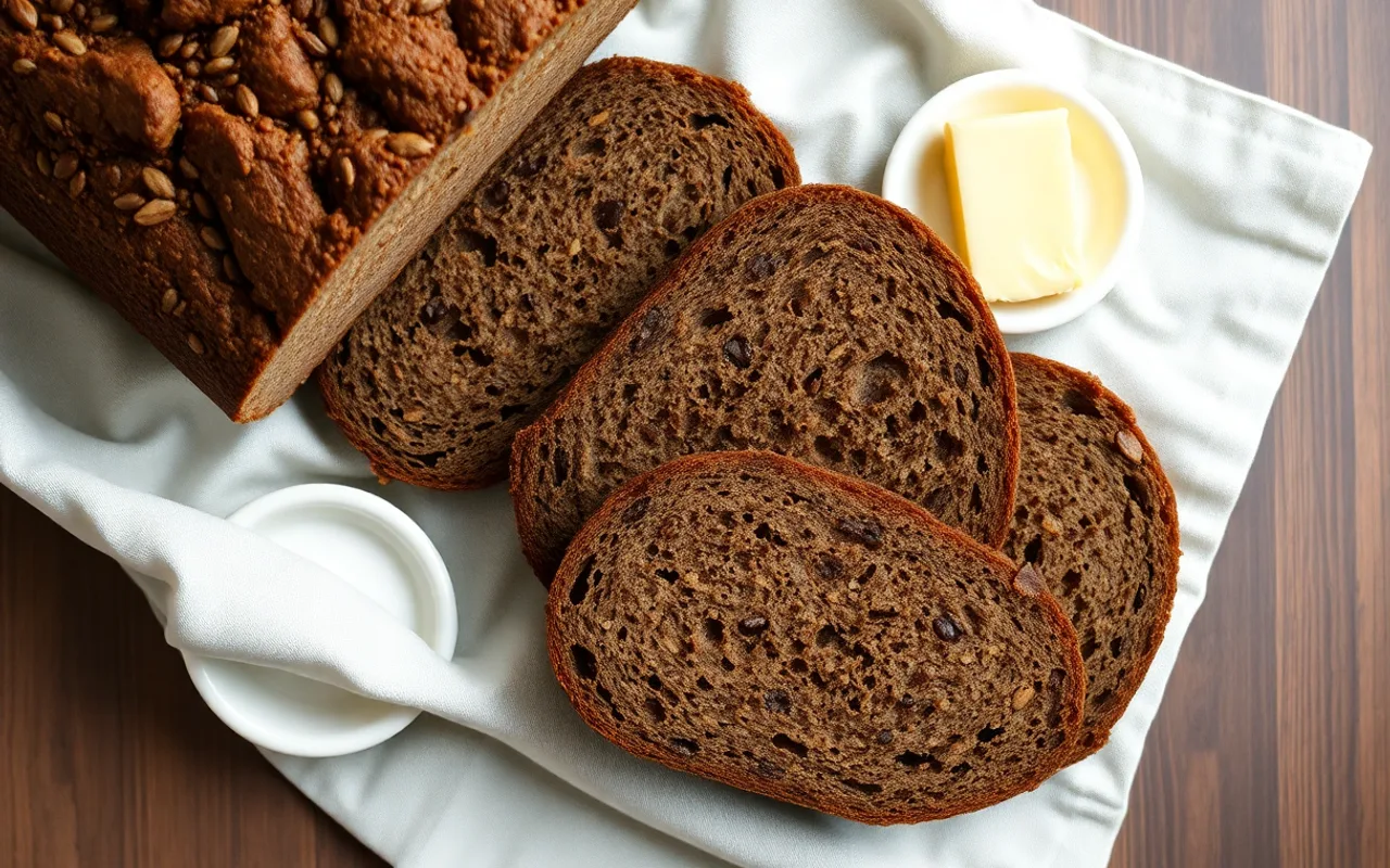Sliced dense dark rye pumpernickel bread with visible whole grains
